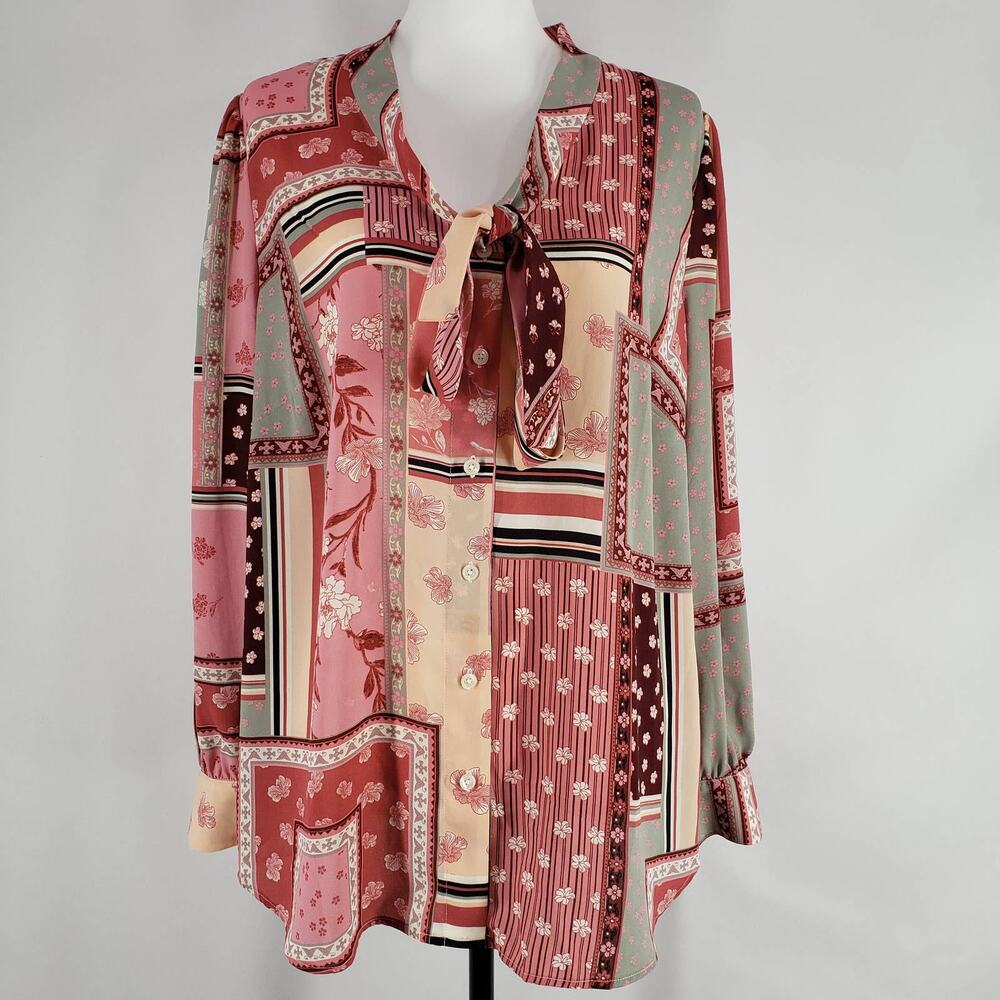 Talbots Plus Pink Floral Multi-Print Bow Tie Neck Long Sleeve Top Size X